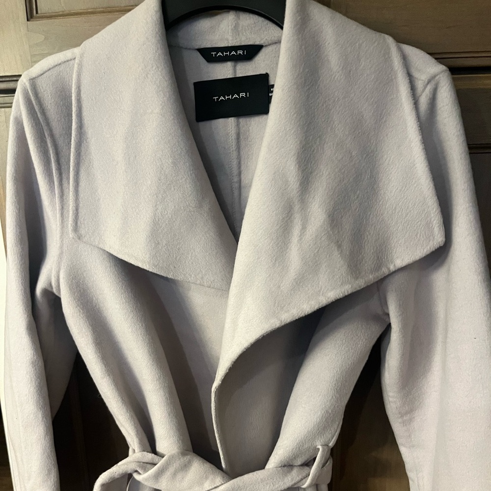 Tahari Women's Light Gray/Beige Belted Wrap Coat